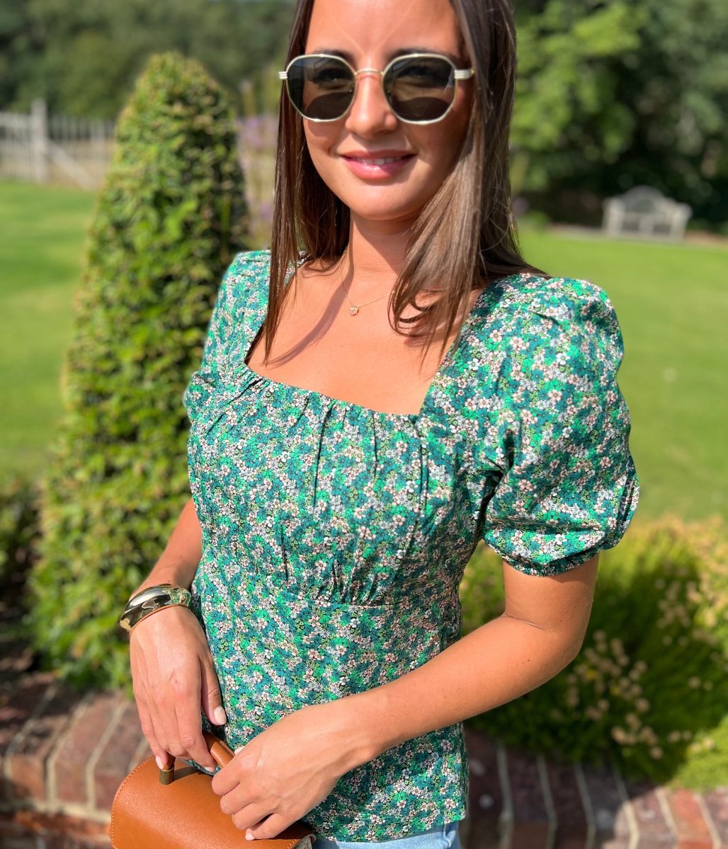 Micro Ditsy Floral Print Green Blouse