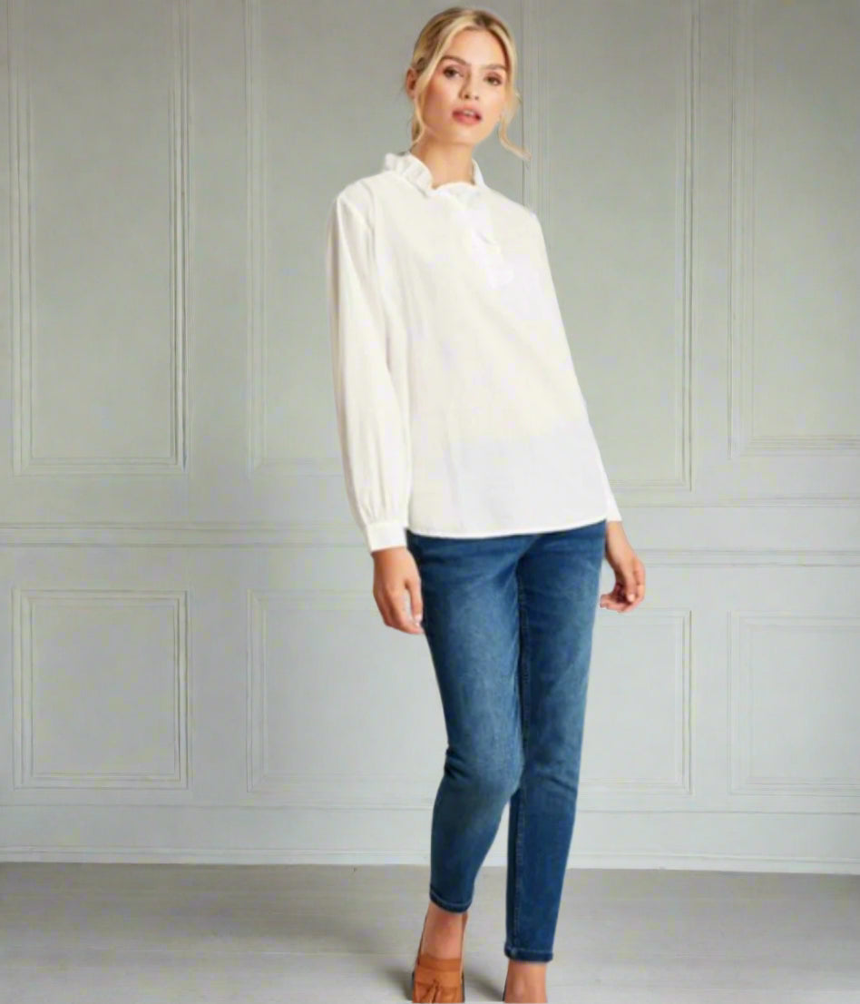 Ex Joules White Melanie Ruffle Blouse
