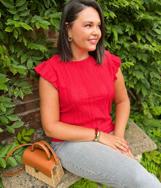 Red Frill Sleeve Broderie Anglaise Top