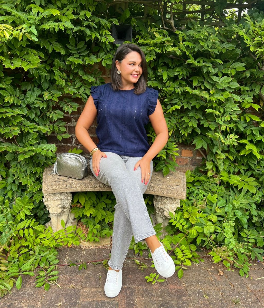 Navy Frill Sleeve Broderie Anglaise Top