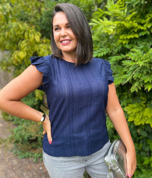 Navy Frill Sleeve Broderie Anglaise Top