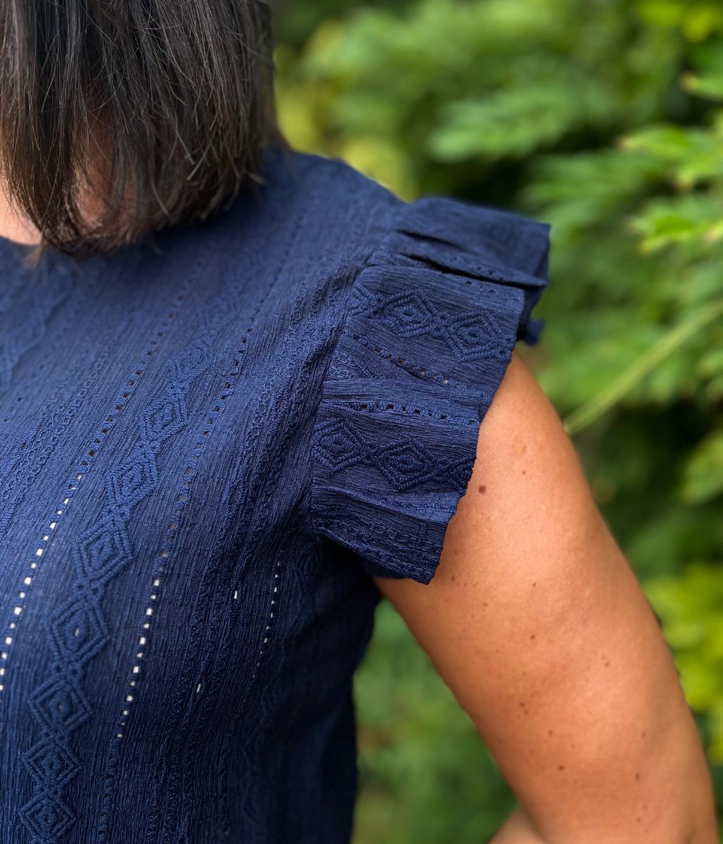 Navy Frill Sleeve Broderie Anglaise Top