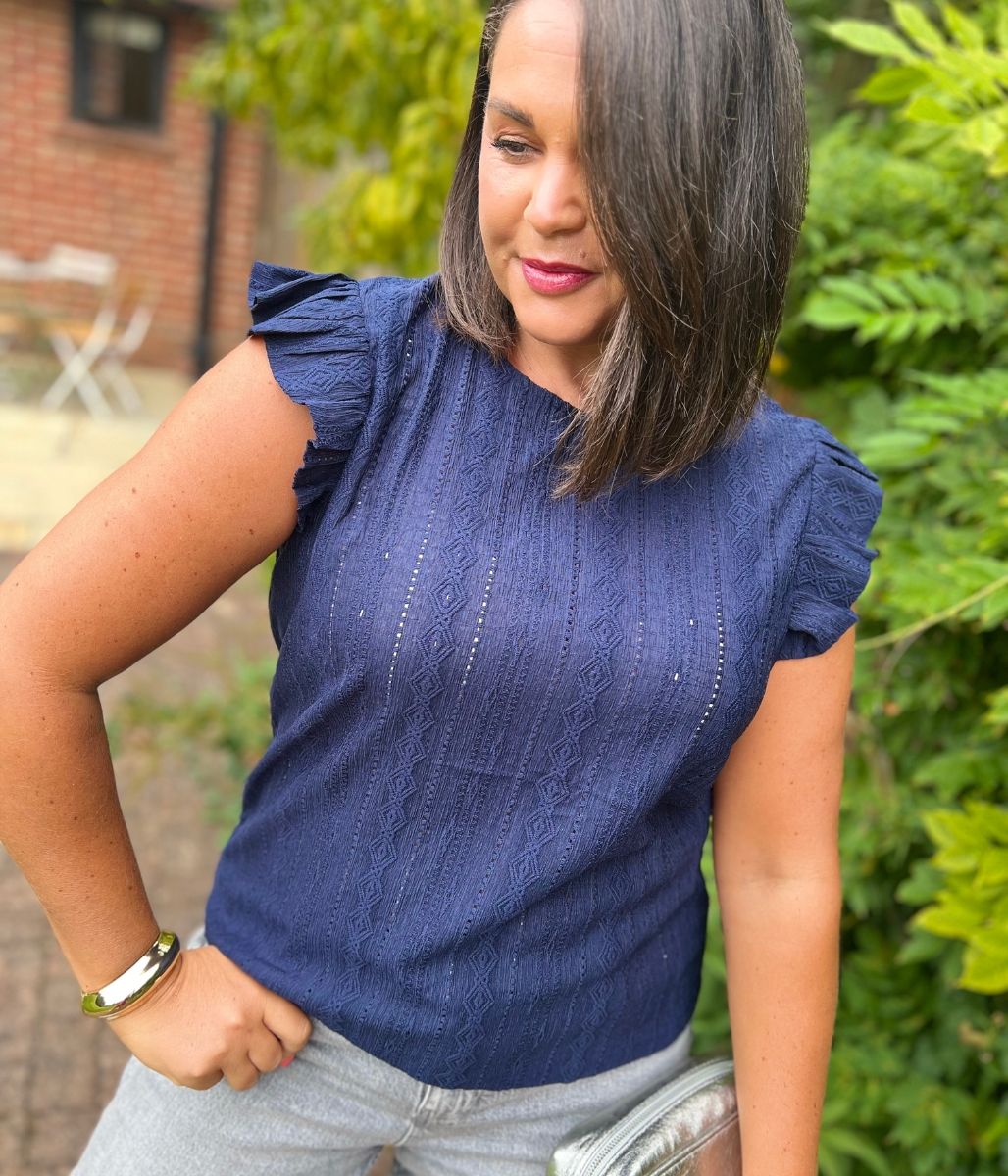 Navy Frill Sleeve Broderie Anglaise Top