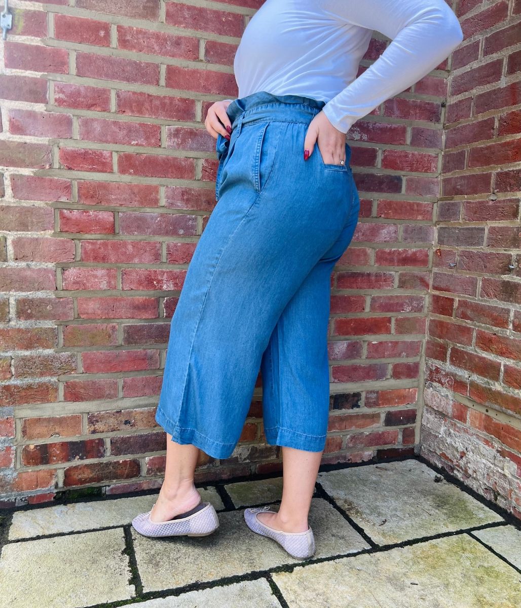Blue Tencel Wide Leg Cropped Trousers