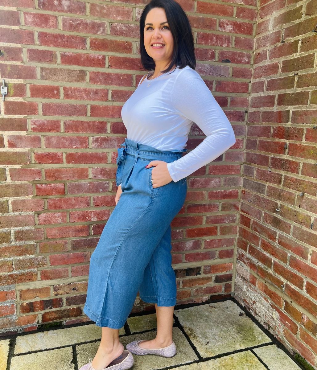 Blue Tencel Wide Leg Cropped Trousers