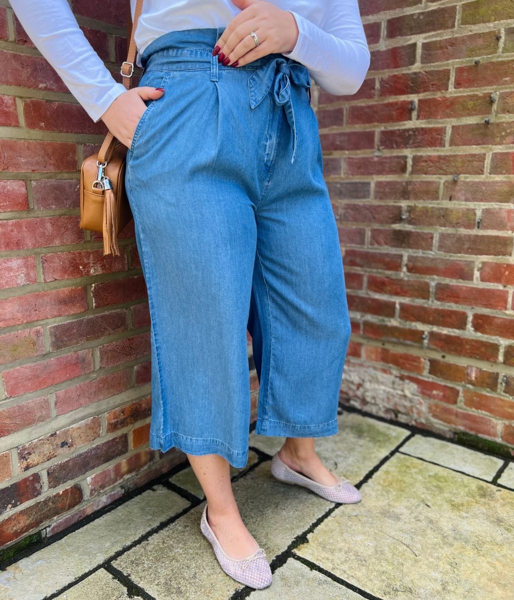 Blue Tencel Wide Leg Cropped Trousers