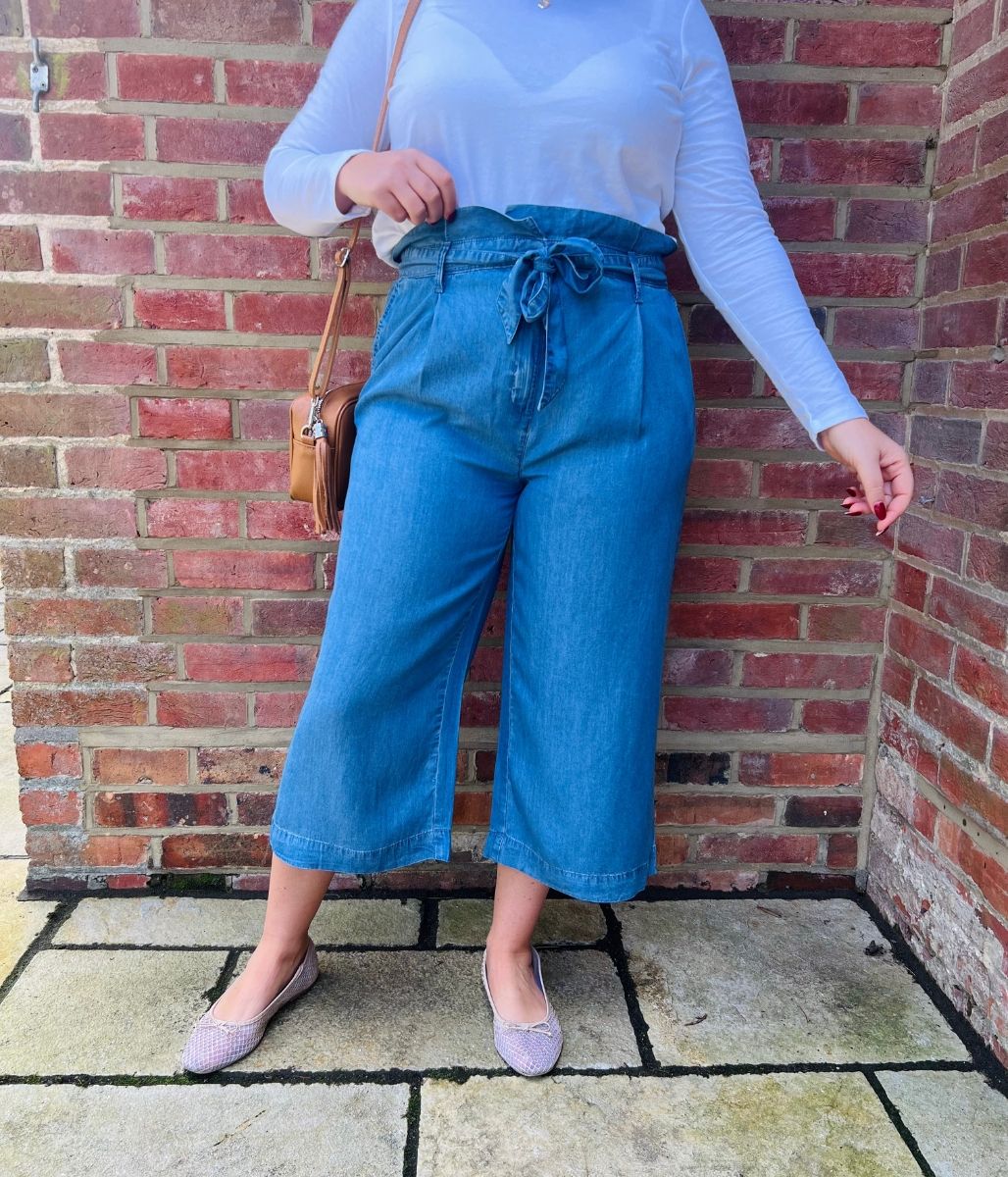 Blue Tencel Wide Leg Cropped Trousers