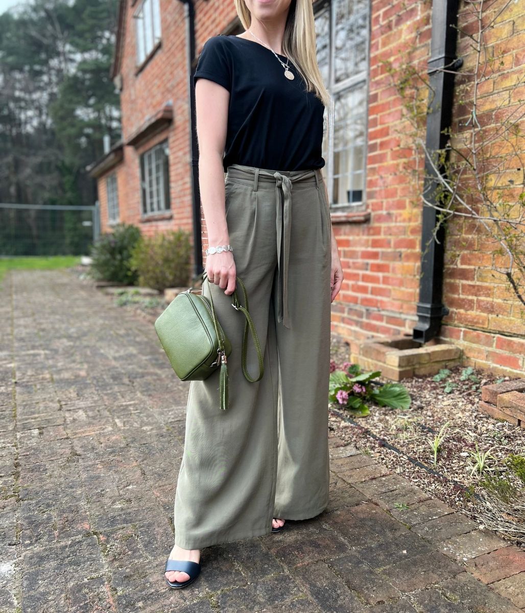 Khaki Tencel Tie Front Wide Leg Trousers