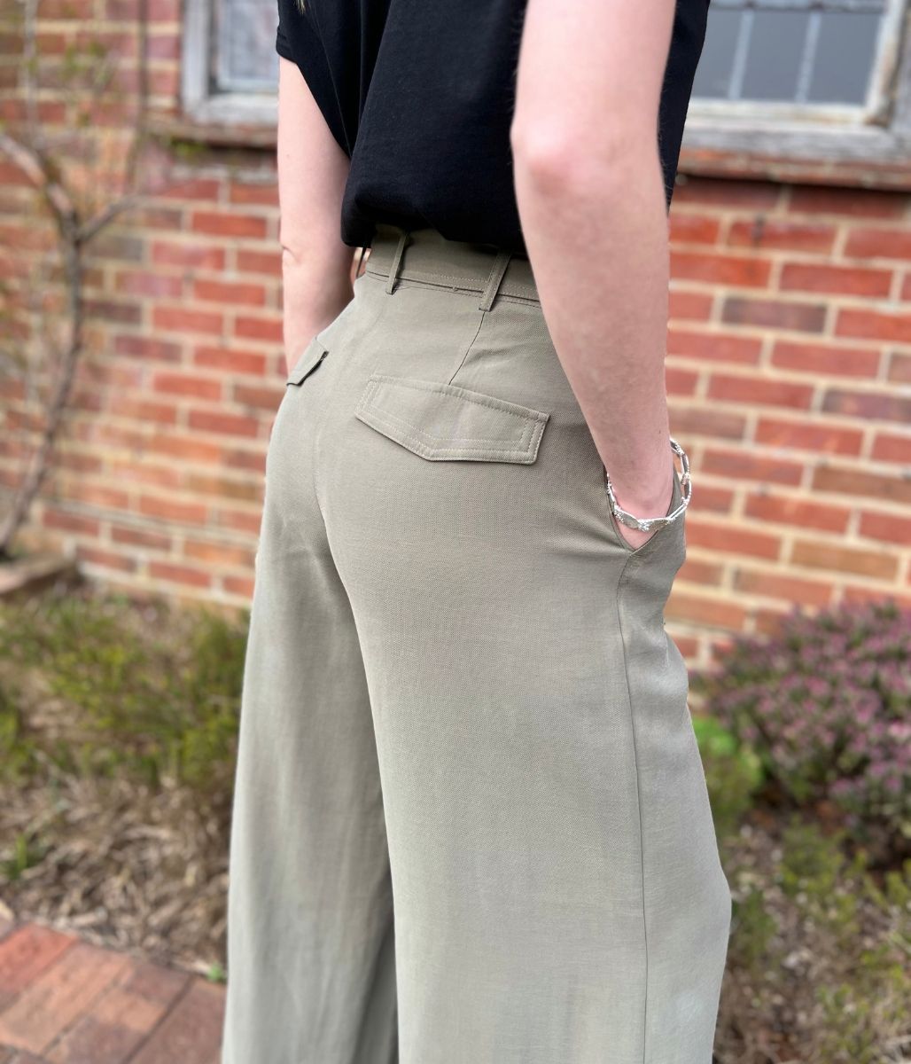 Khaki Tencel Tie Front Wide Leg Trousers