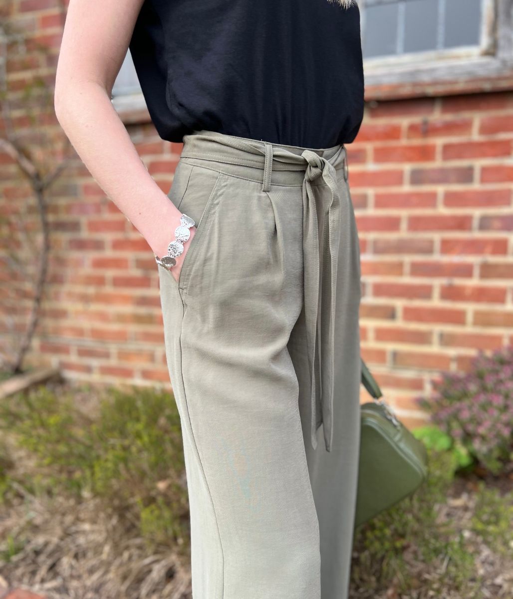 Khaki Tencel Tie Front Wide Leg Trousers