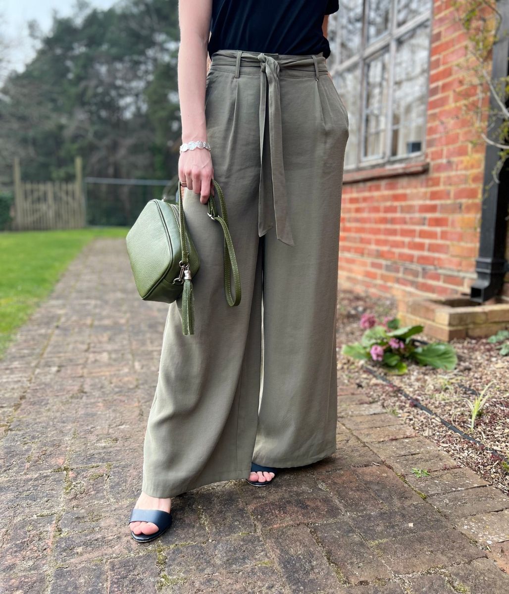 Khaki Tencel Tie Front Wide Leg Trousers