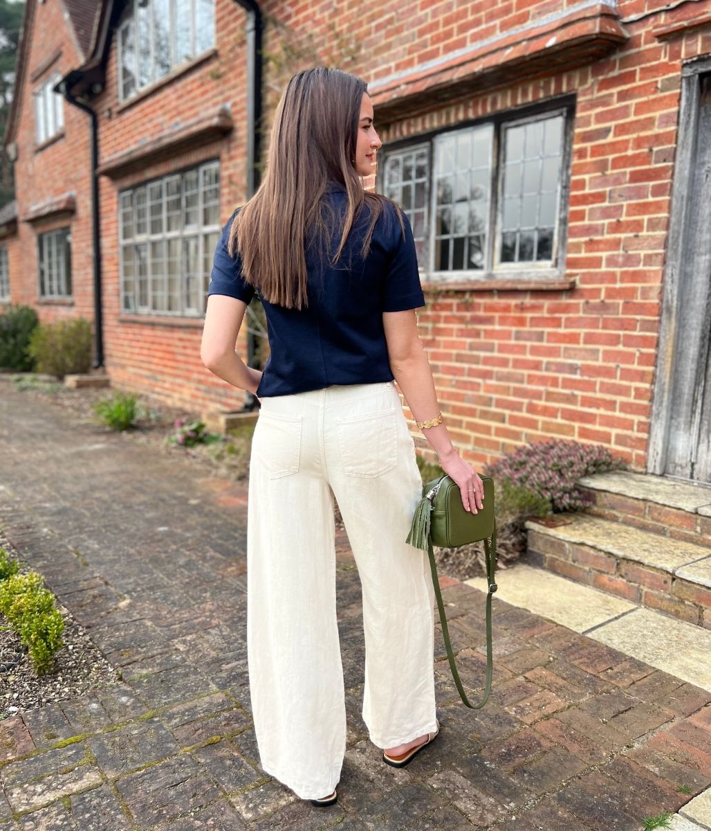 Ecru Linen Blend Wide Leg Jeans