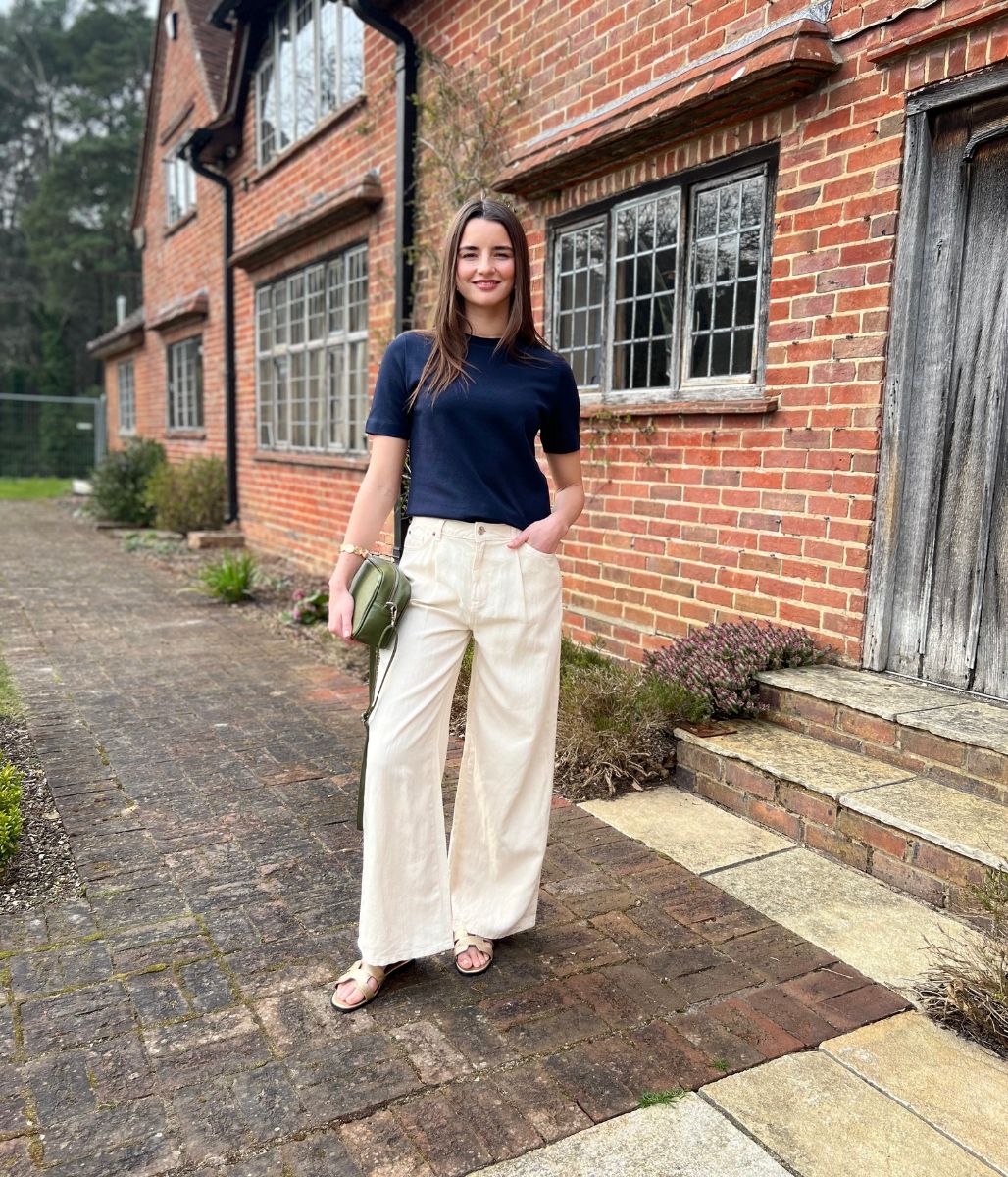 Ecru Linen Blend Wide Leg Jeans