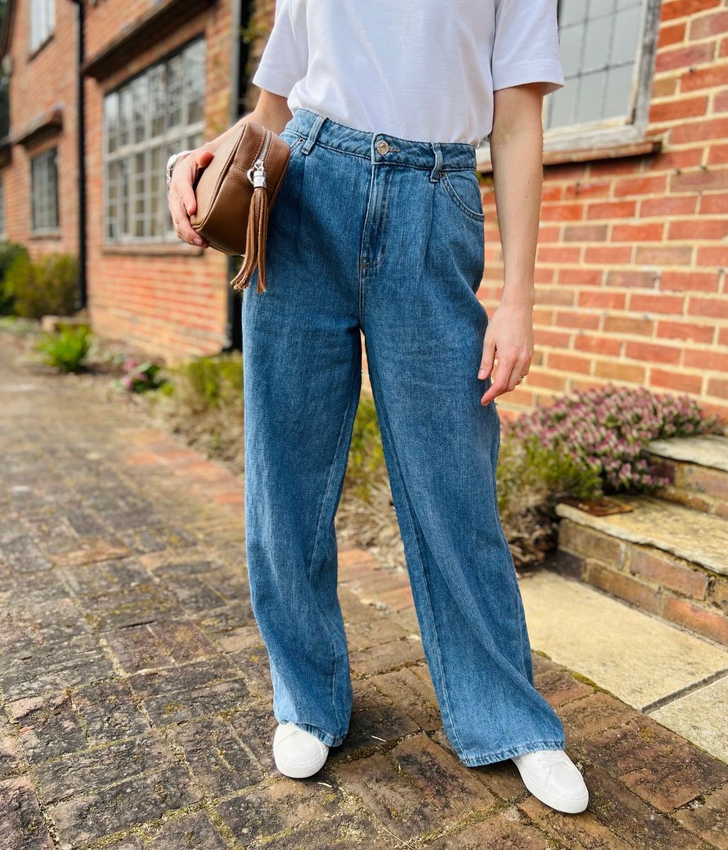 Blue Linen Blend Wide Leg Jeans