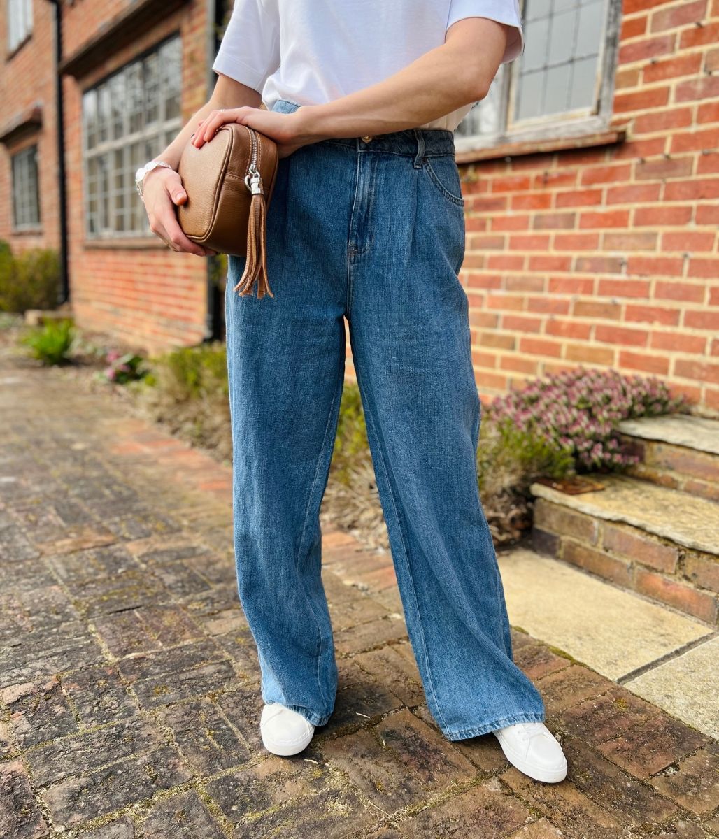 Blue Linen Blend Wide Leg Jeans