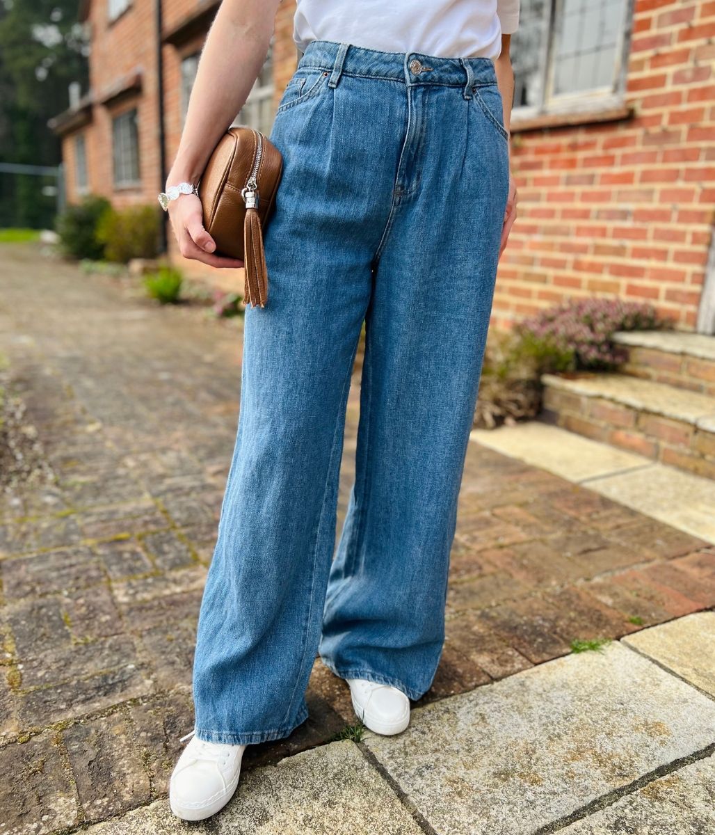 Blue Linen Blend Wide Leg Jeans