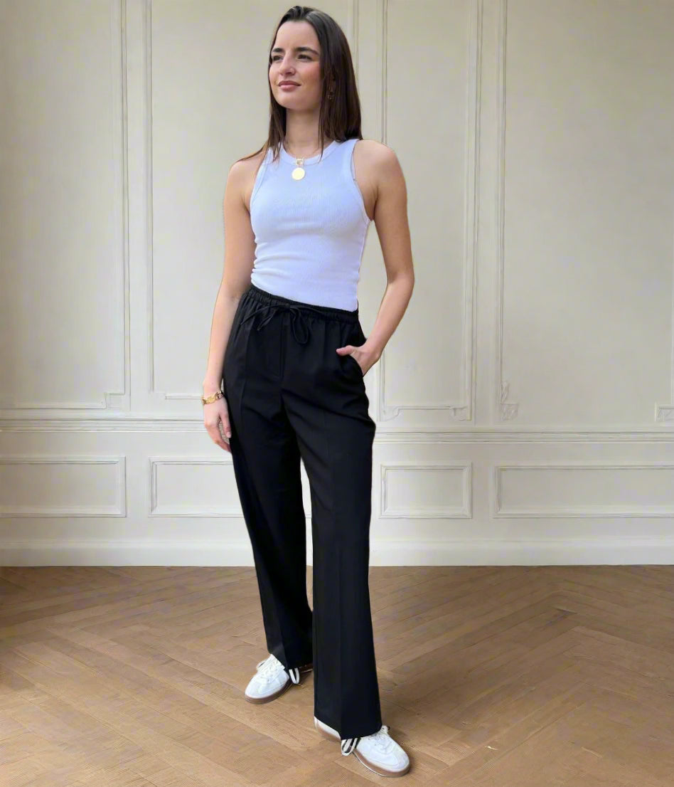 Black Wide Leg Drawstring Trousers
