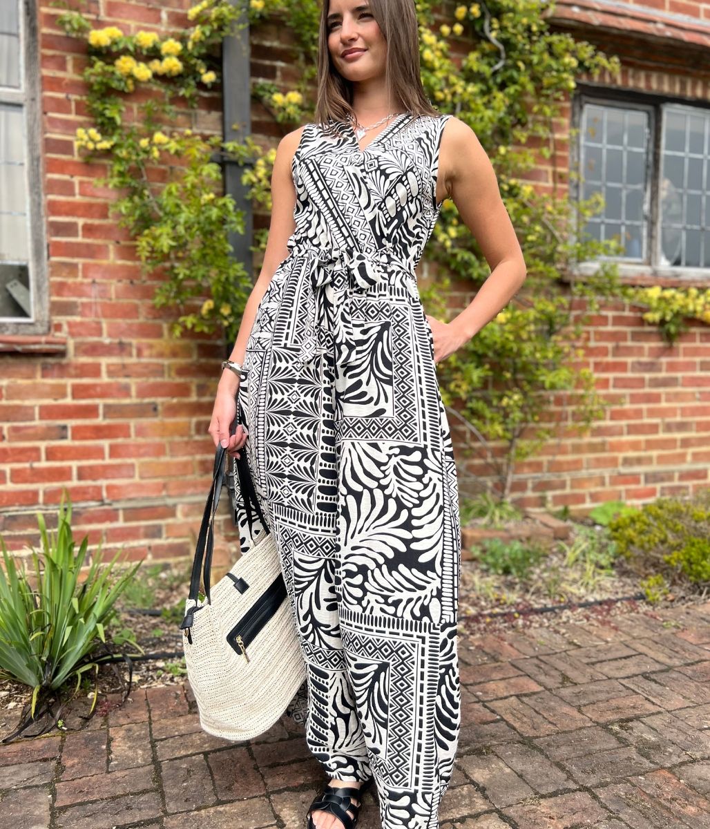 Black Geo Print Belted Jumpsuit
