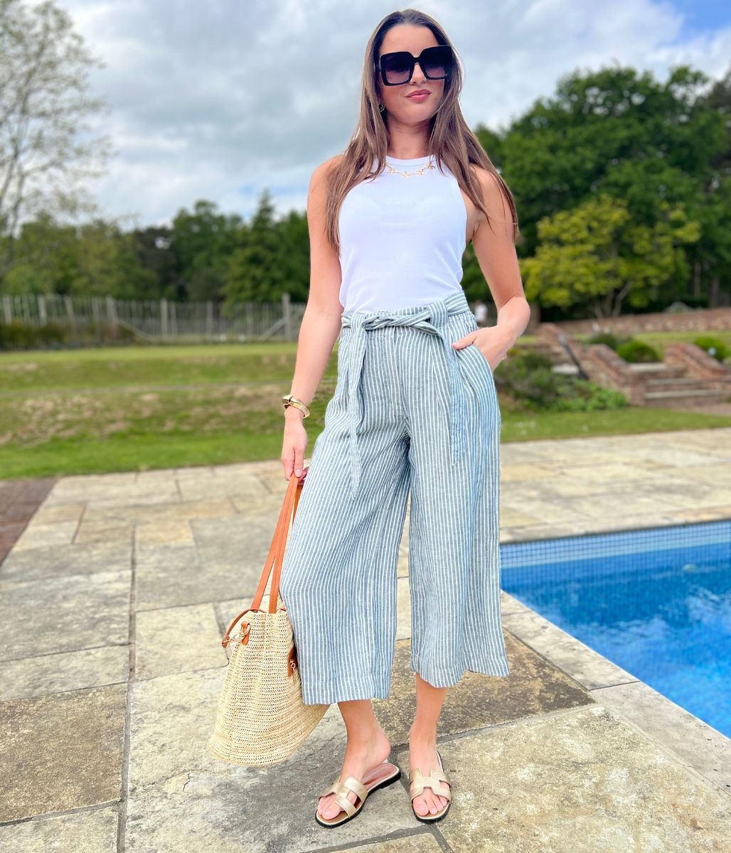 Blue Striped Pure Linen Cropped Trousers