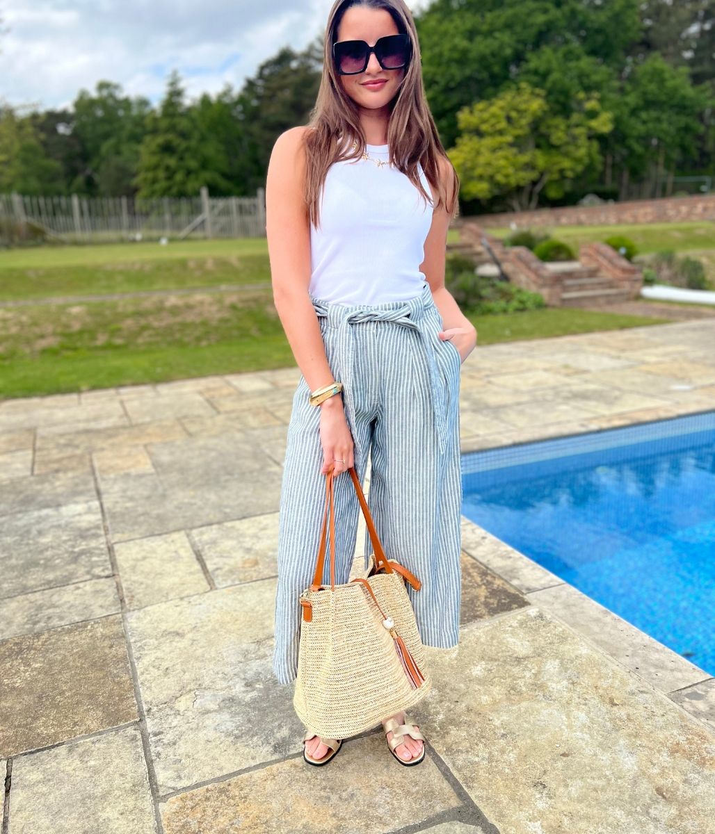 Blue Striped Pure Linen Cropped Trousers