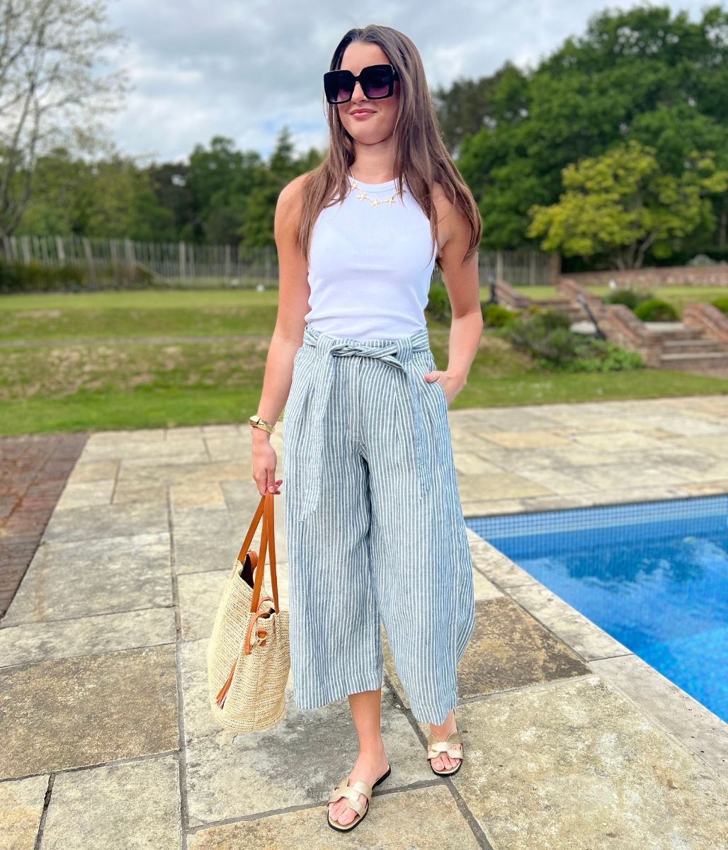 Blue Striped Pure Linen Cropped Trousers