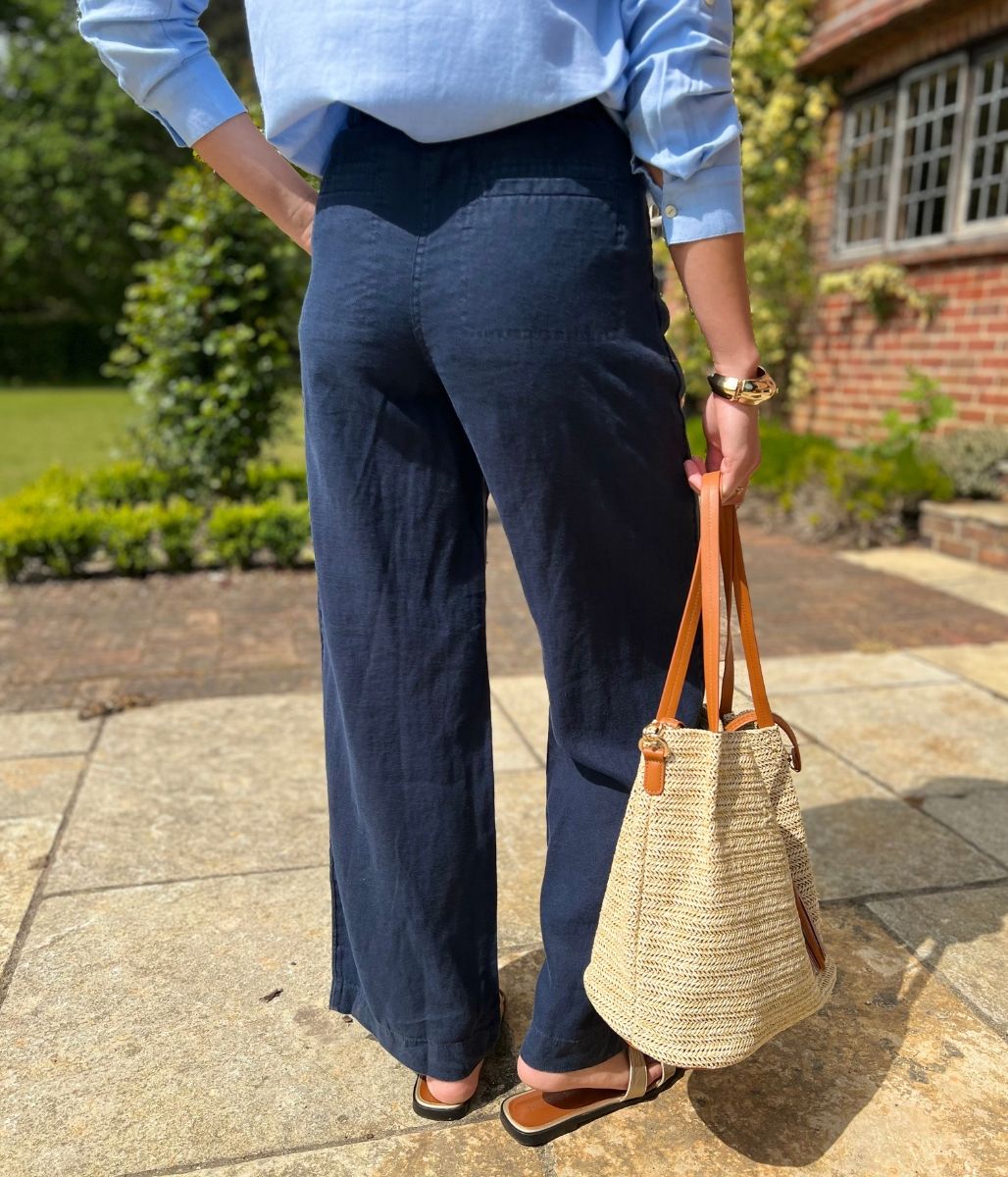 Navy Pure Linen Wide Leg Trousers