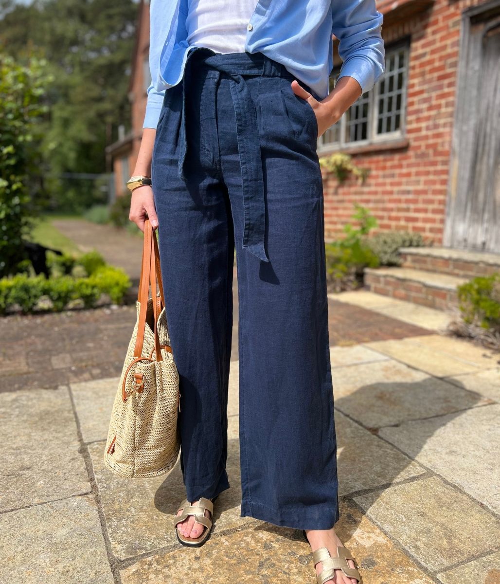 Navy Pure Linen Wide Leg Trousers