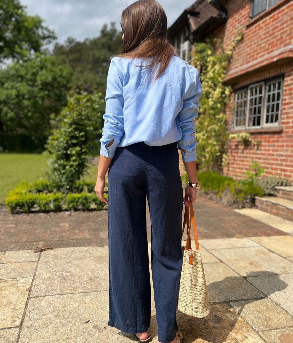 Navy Pure Linen Wide Leg Trousers
