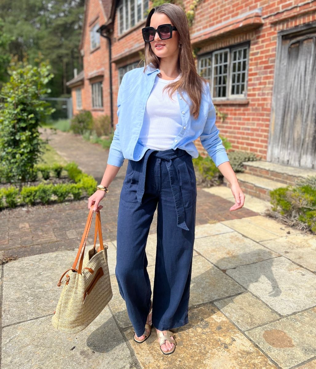 Navy Pure Linen Wide Leg Trousers