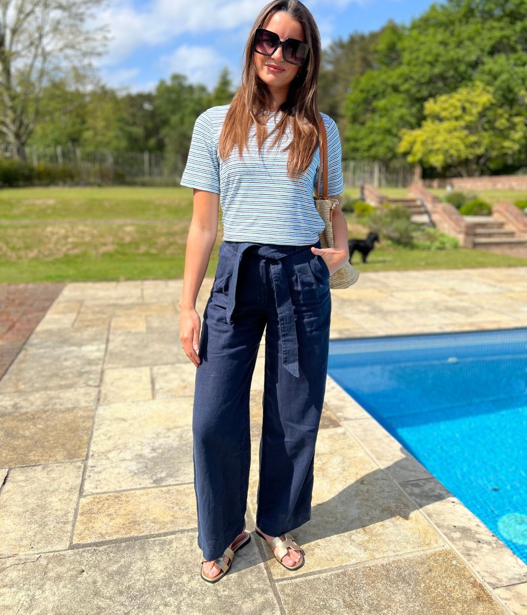 Navy Pure Linen Wide Leg Trousers
