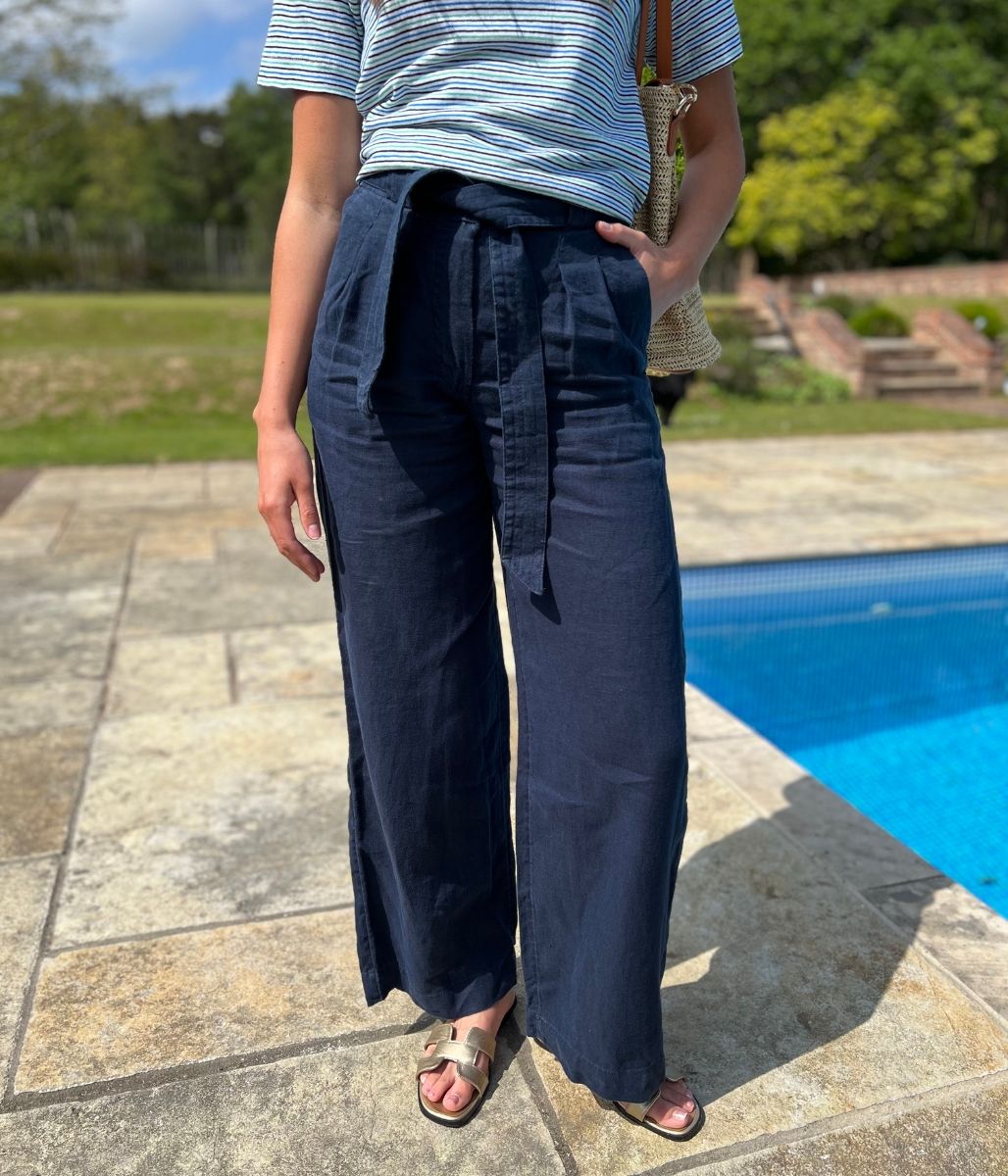 Navy Pure Linen Wide Leg Trousers