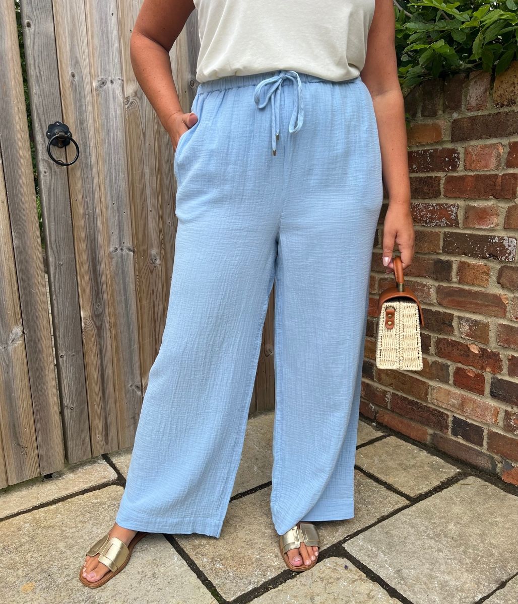 Light Blue Double Cloth Cotton Wide Leg Trousers