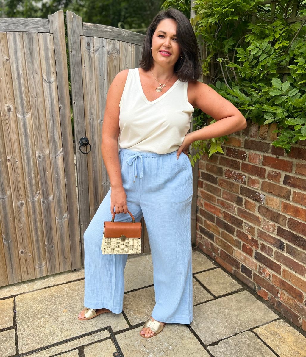 Light Blue Double Cloth Cotton Wide Leg Trousers