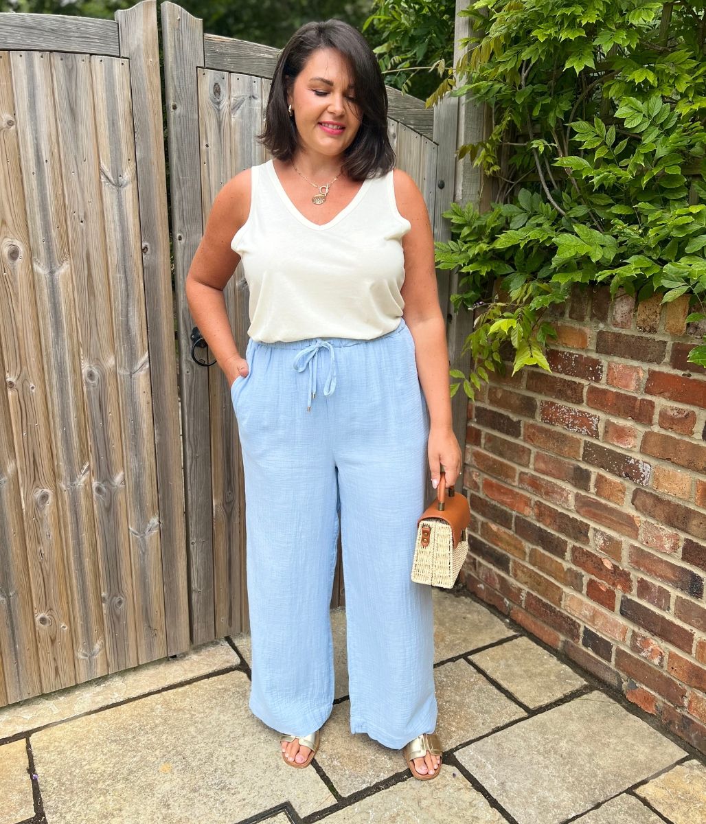 Light Blue Double Cloth Cotton Wide Leg Trousers