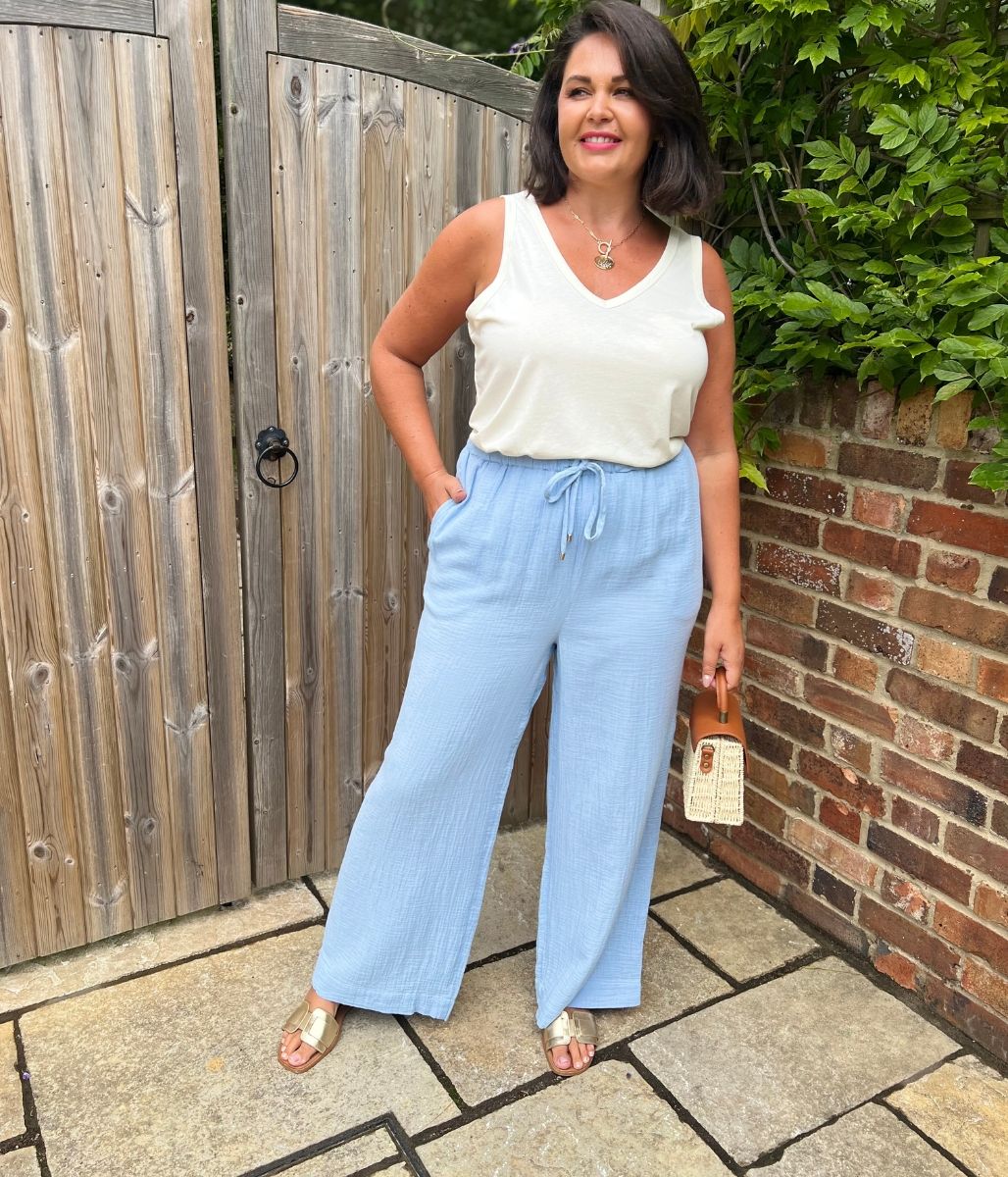 Light Blue Double Cloth Cotton Wide Leg Trousers