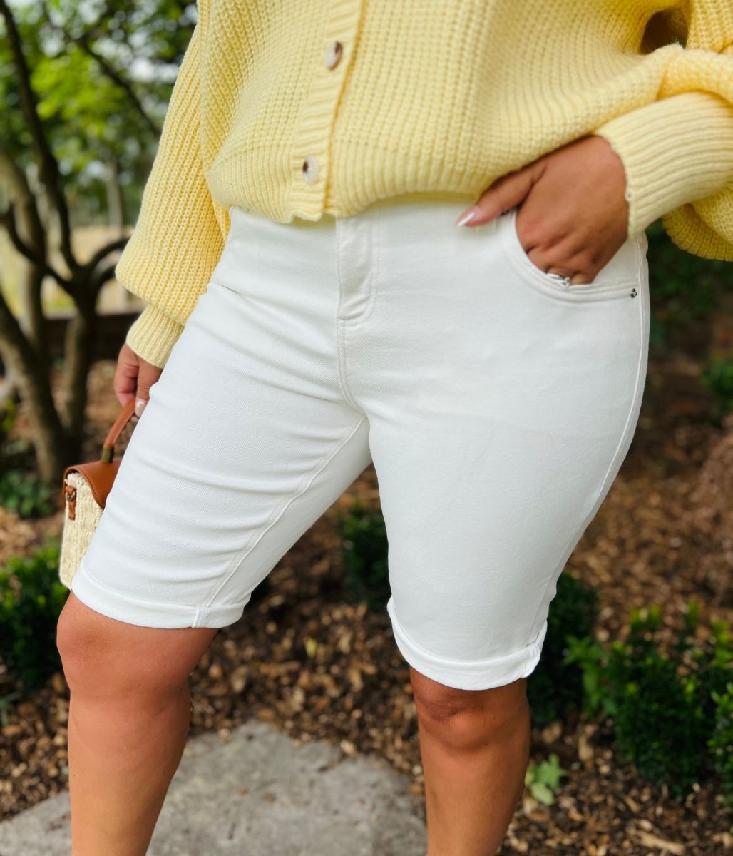 Ivory Knee Length Denim Shorts