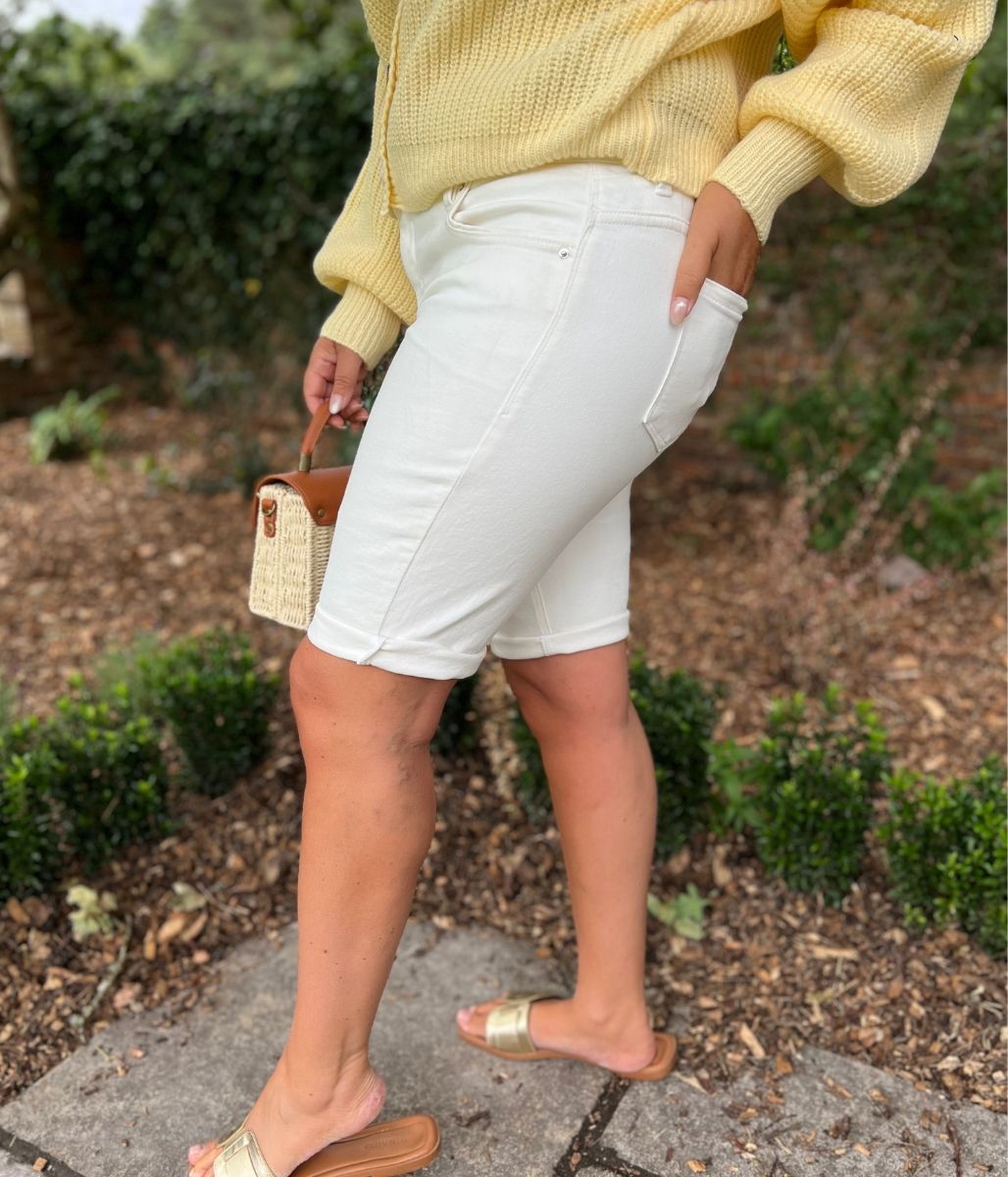 Ivory Knee Length Denim Shorts