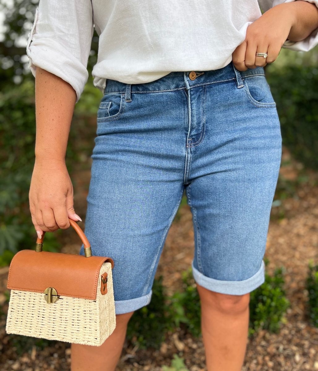 Mid Denim Knee Length Denim Shorts