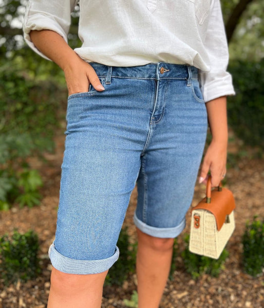 Mid Denim Knee Length Denim Shorts