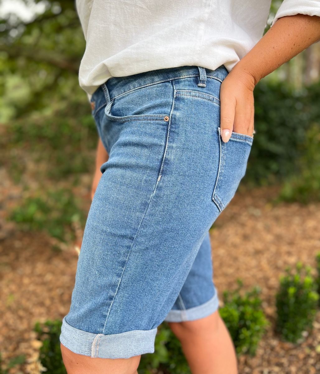 Mid Denim Knee Length Denim Shorts