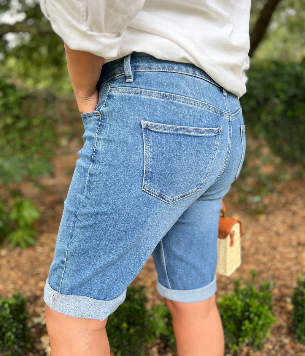 Mid Denim Knee Length Denim Shorts