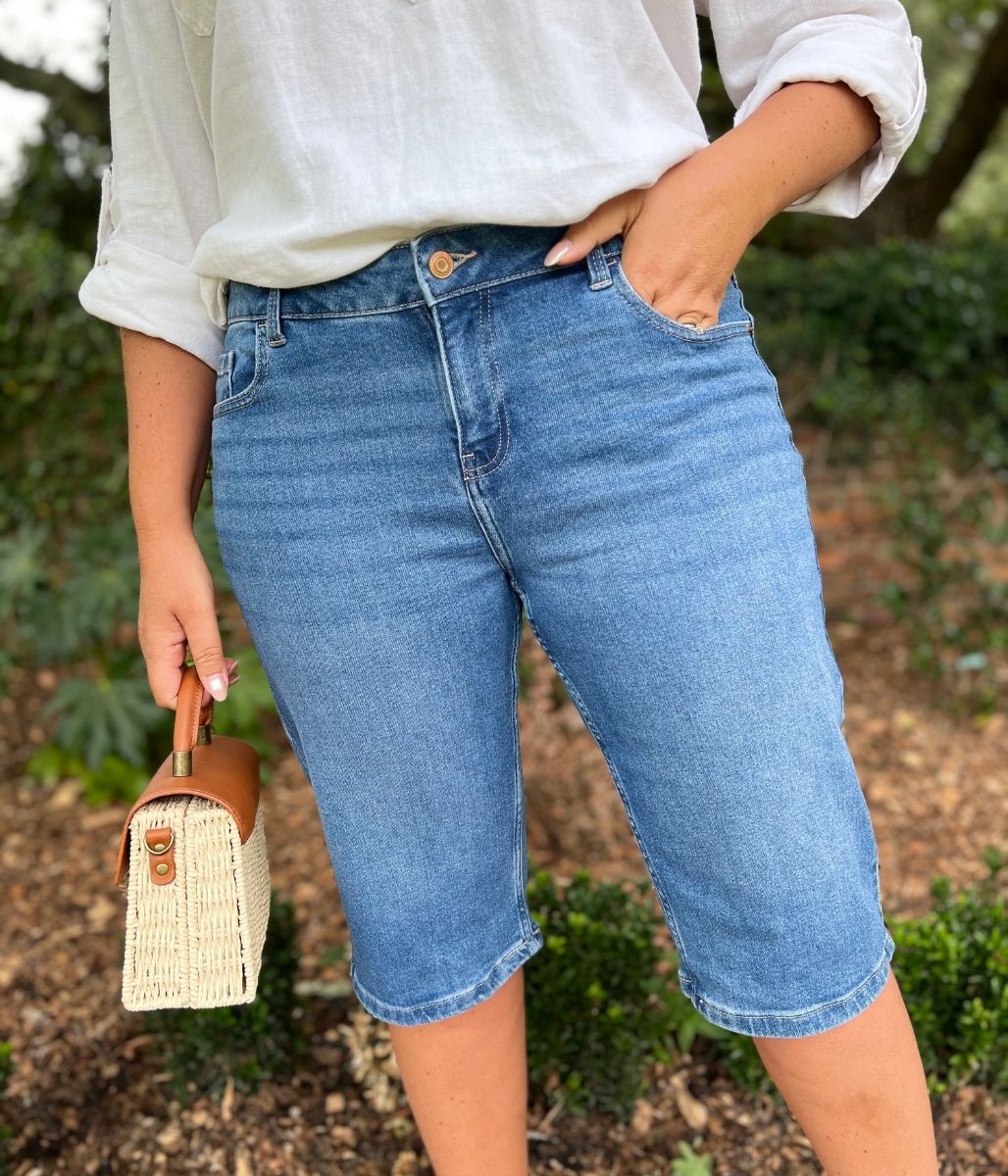 Mid Denim Knee Length Denim Shorts