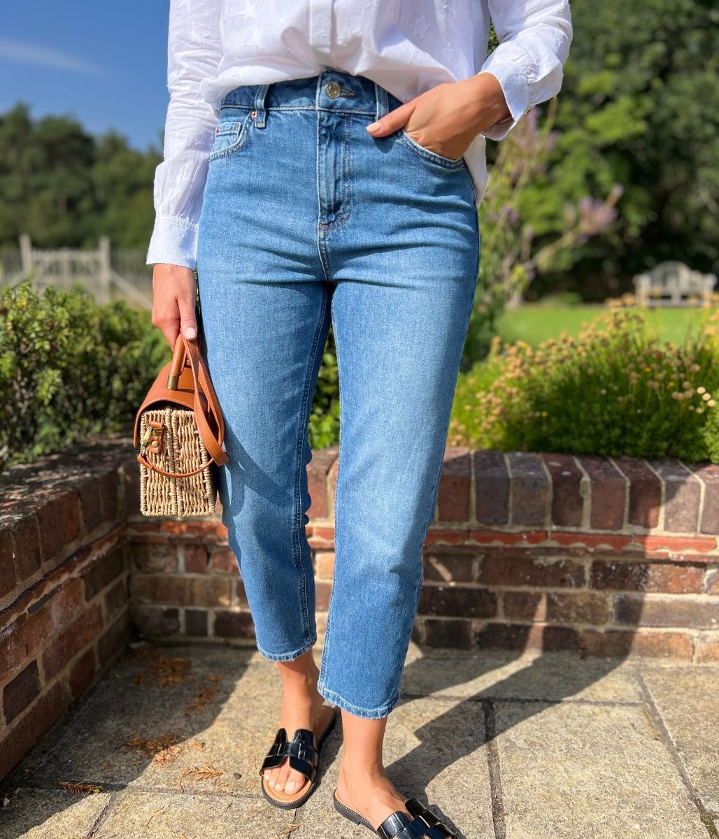 Mid Denim High Waisted Cropped Slim Fit Jeans
