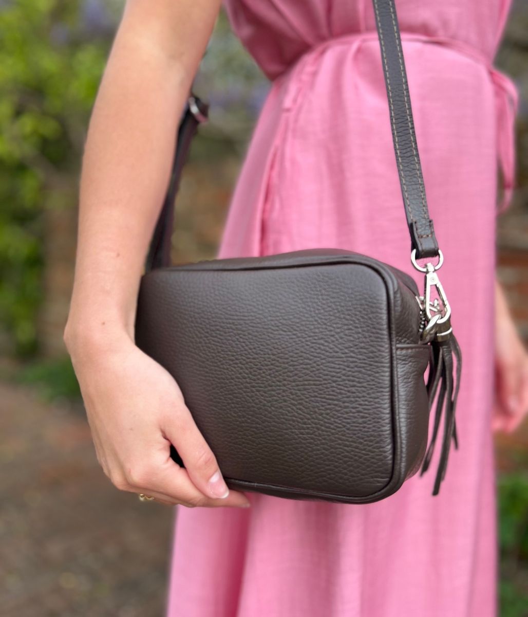 Chocolate Brown Leather Tassel Camera Bag