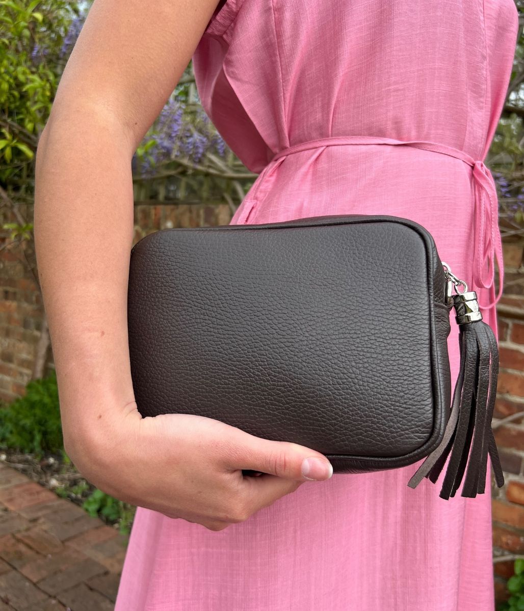 Chocolate Brown Leather Tassel Camera Bag