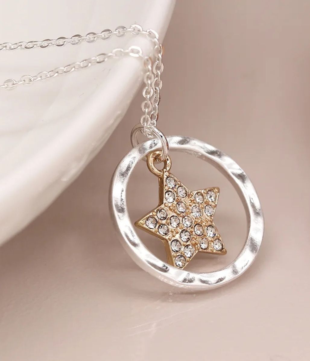 Pom Hammered Hoop Star Necklace