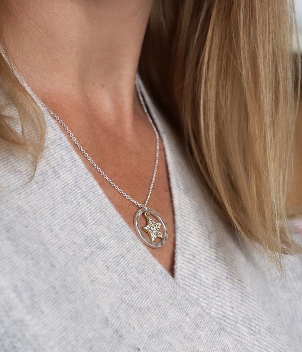 Pom Hammered Hoop Star Necklace