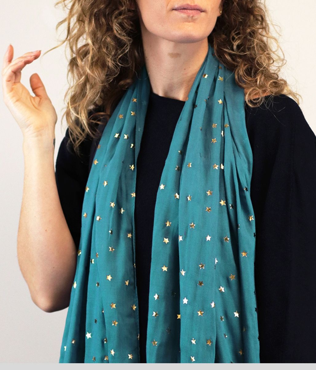 Pom Teal & Gold Star Scarf