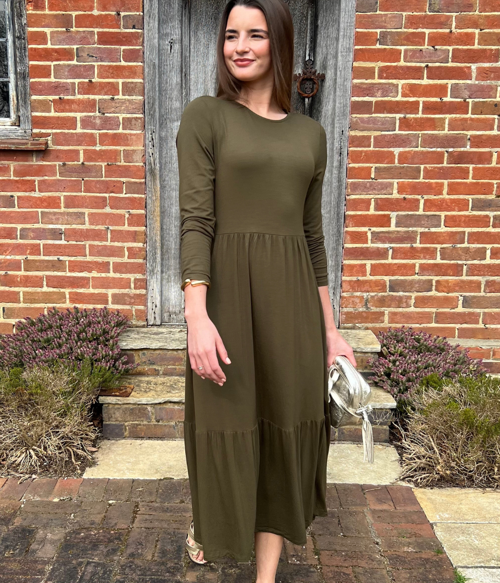 Olive Tiered Jersey Midi Dress