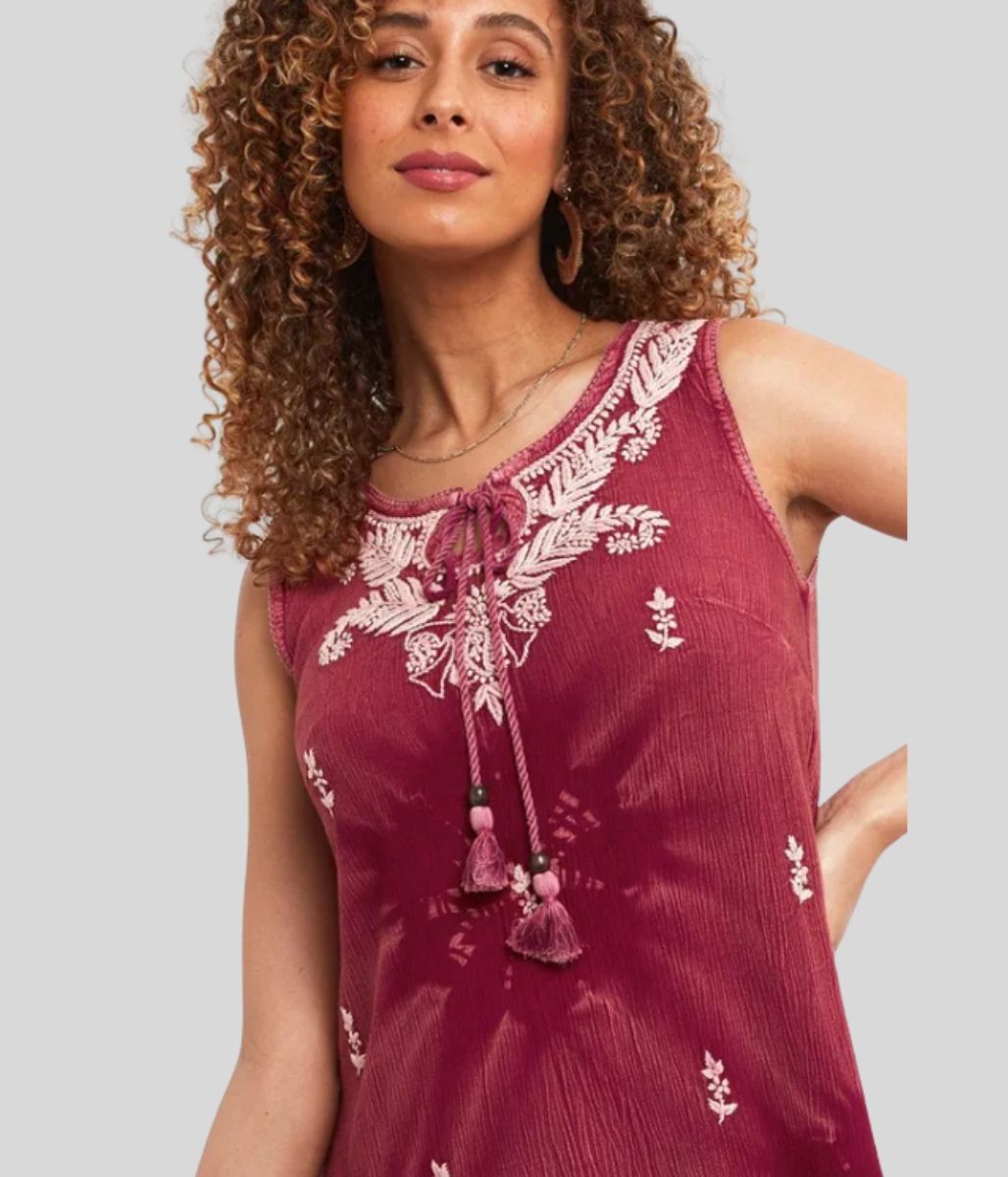 Burgundy Boho Embroidered Tunic Dress
